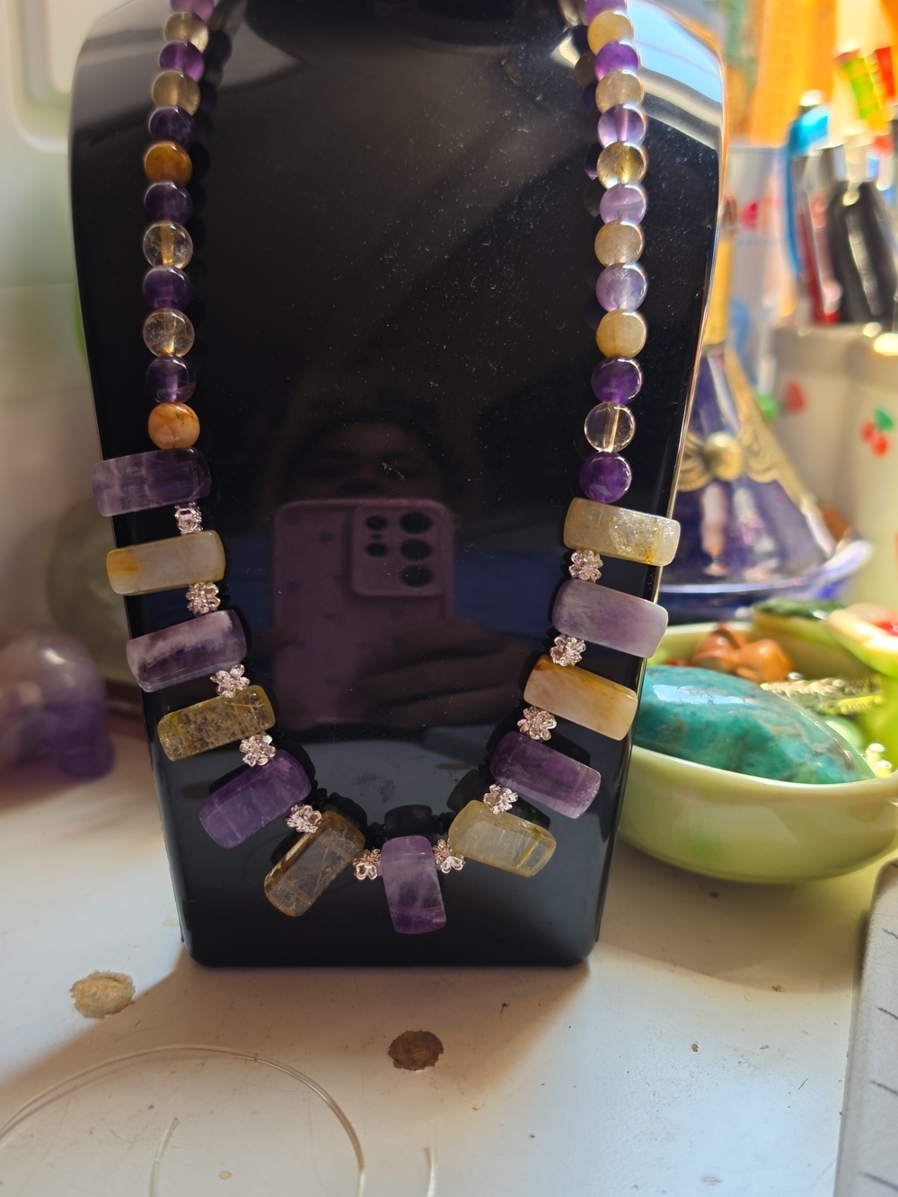 Handcrafted Purple and Gold Beaded Gemstone Necklace.